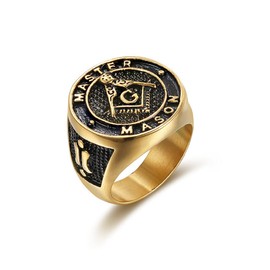 Masonic Master Mason Ring, Freemason Biker Ring for Men, Gold Plated Masonic Symbol Ring Compass Masonic Jewelry, Square Compass Freemason Ring Religious Amulet Ring for Boys (S)
