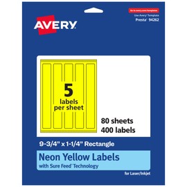 Avery Printable Rectangle Labels with Sure Feed Technology, 9-3/4" x 1-1/4", Neon Yellow Labels, Print-to-The-Edge, Laser/Inkjet, 400 Total, Great for Candle Labels and Jar Labels