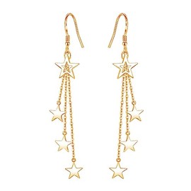 Long Star Tassel Drop Dangle Earrings Copper Polishing Five-Pointed Star Earrings for Women Shiny Starlight Hollow Star Earrings Statement Jewelry-Gold