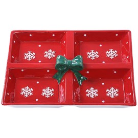 Festive Red Snowflake Christmas Themed Winter Holiday Ceramic 4-Section Server