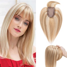 S-noilite Hair Toppers for Women Real Human Hair Topper with Bangs 100% Remy Human Hair Toppers Wigs Clips in Hair Pieces for Thinning Hair/Hair Loss(14 Inch,Golden Brown&Bleach Blonde)
