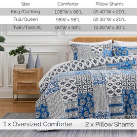 Southshore Fine Living, Inc. Full/Queen Sized Comforter Bedding Set with Pillow Shams, Reversible Global Patchwork Quilt is 2 Colors in 1 - Alternative Down Comforter for Queen/Full beds, Blue & White