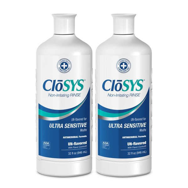 CloSYS Ultra Sensitive Mouthwash, 32 Ounce (Pack of 2), Unflavored (Optional Flavor Dropper Included), Alcohol Free, Dye Free, pH Balanced, Helps Soothe Sensitivity, Kills Germs that Cause Bad Breath