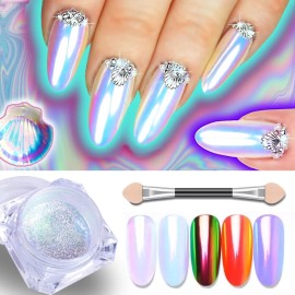 Polvo de uñas UNICORNIO CROMO espejo blanco efecto AURORA sirena arco iris cristal AB