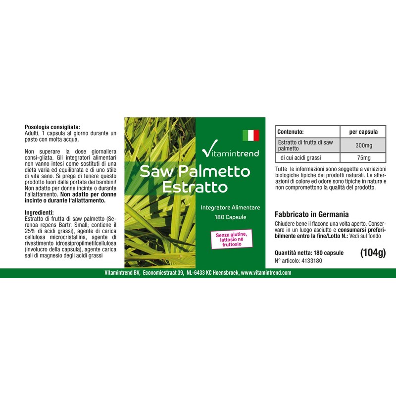 Saw Palmetto Extract 300 mg - 180 Capsules - Vegan