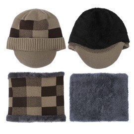 HH HOFNEN Winter Beanie Scarf Set w/Visor for Men Women Warm Thick Hat for Outdoor (Linen)