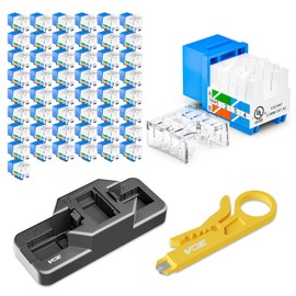 VCE 50 Pack Cat6 RJ45 Keystone Jack Insert UL-Listed, 90 Degree Ethernet UTP Cat 6, Cat5, Cat5e Keystone Punch-Down Stand and Mini Stripper Cutter Blue