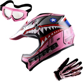 WOW Updated Youth Motocross Helmet Kids Motorcycle Bike Helmet Shark Pink + Goggles + Skeleton Pink Glove Bundle