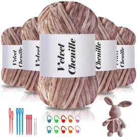 Maxee 500 g (5 x 100 g) Velvet Baby Wool, Velvet Chenille Yarn with Crochet Tools, Cuddly Soft Velvet Chenille Yarn, Fluffy, Soft Plush Wool, Crochet Yarn Wool for Knitting and Crochet, Grey Camel