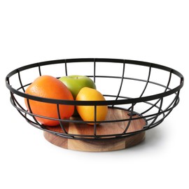 WILDMOS Fruit Basket,black Wire Basket with Acacia Wood Base,large Fruit Bowl for Countertop,black Baskets for Fruits, Breads, Vegetables Storage. (12-inch)