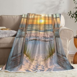 Beach Coastal Throw Blankets, Ocean Barn Door Nautical Sunrise Seaside Seascape Flannel Warm Soft Bed Couch Blanket, Rustic Wood Teal Turquoise Throws to Decorate The Room Bedroom 50 x 60