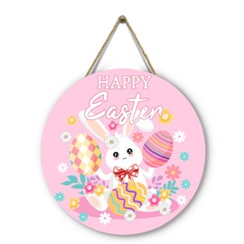 Dacawin Easter Decorative Sign Pink Easter Rabbit Eggs Door Hanger 12x12 Wooden Porch Door Hanging Sign Farmhouse Decorations for Home Holiday Party