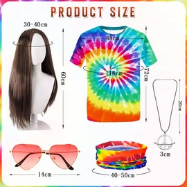 70s Hippie Costume Men's Set 5-Piece Hippie T-Shirt Wig Sunglasses Peace Chain Headband Hippie Accessories Hippie Wig Men's 70s Clothing Men's 70s 80s Carnival Costume