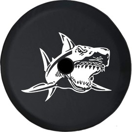 Funny Spare Tire Wheel Cover for Camper SUV Trailer Truck RV JP Thick PVC Leather | Great White Shark Black 32 Inch with Backup Camera Hole