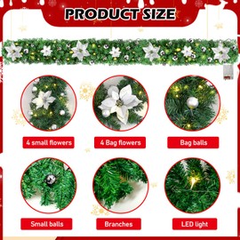 Christmas Garland, 2.7 m Christmas Garland with Lighting, Christmas Garland with Lights, Flowers and Balls, Garland Christmas for Home, Stairs, Front Door, Patio and Gardens (Gold)