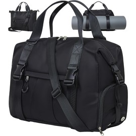 ERTUNA 18” Gym Bag with Yoga Mat Holders, Large Duffle Tote Bag for Travel with Laptop & Shoe Compartment, Carry On Weekender Bag for Women & Men with Key Ring Clip, Personal Item Travel Bag - Black
