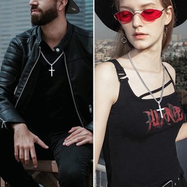 HAIAISO 925 Sterling Silver Cross Necklace for Men Women with 5mm Stainless Steel Diamond-Cut Solid Curb Cuban Link Chain 18K Gold Plated Large Beveled Edge Cross Necklace Jewelry 26 Inches