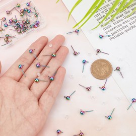 UNICRAFTALE About 50 Sets Rainbow Color Stainless Steel Stud Earring Findings Pin 0.6mm Ball Stud Earring Post with Plastic Ear Nuts Hypoallergenic Earrings for DIY Jewelry Making Hole 1.5mm