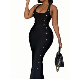 FLORAL PIG Plus Size Button Decor Bodycon Dress, Elegant Sleeveless Dress for Spring & Summer Women's Curvy Clothing Black