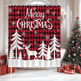 Mocsicka Red Christmas Shower Merry Christmas Red Buffalo Check Plaid Christmas Trees Snowflake Shower Curtain Bathroom Bathtub Curtain 72x72 Inch with 12 Hooks