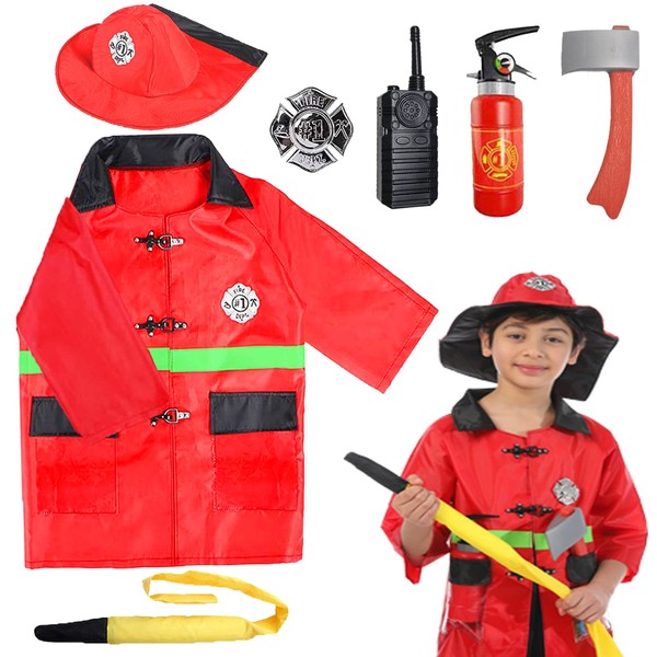 SATKULL Kids Fire Chief Costume, Halloween Fireman Dress Up Set, Fire Fighter Outfit, Pretend Role Play Firefighter Gifts