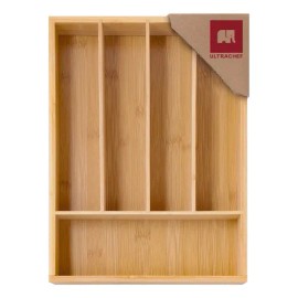 Organizador de Cubiertos de Bambú 5 Divisiones Ultrachef Bandeja de Madera para Cocina o Cajón con 5 Compartimentos Porta cubiertos Multiusos Separadores para Almacenar y Ordenar