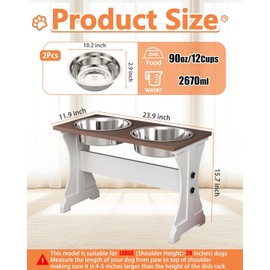 Piskyet Elevated Dog Bowls,Farmhouse Dog Bowls Stand, Raised Dog Bowl with 2 Stainless Steel Wooden Dog Bowl 12 Cups 15.7''H 90 OZ Bowl-Farmhouse Style