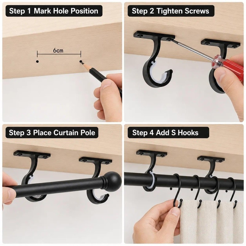 Soyinht 6PCS Curtain Pole Brackets, 8.3cm Black Metal Holders with