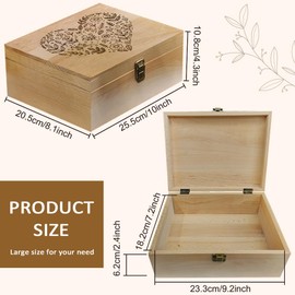 arricraft 1 Pcs Wooden Memory Keepsake Boxes, 10x8x4.25 Inch(25.5x20.5x10.8cm) Heart Memory Wooden Box with Lids Plants Love Storage Decorative Box for Photos DVDs Letters Holding