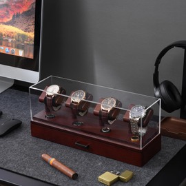 ProCase Wooden Watch Display Case, 4 Slot Watch Display Stand with Removable Acrylic Cover, Watch Case with Drawer, 2-Layer Mens Watch Box, Ring and Watch Holder Organizer for Men -Espresso