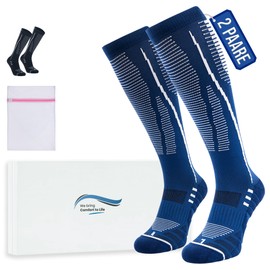 360 RELIEF Sports Compression Stockings for Men and Women - Graduated Compression Socks for Running, Cycling, Gym, Travel, Flight - Breathable Lightweight Support Stockings L/XL Blue + Laundry Net