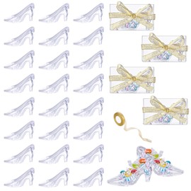 Barydat 36 Pcs Mini Crystal Princess Slippers Plastic High Heels Decoration, 36 Pcs Transparent Gift Boxes with Gold Ribbon, Party Wedding Birthday Candy Gift Supplies Table Decoration