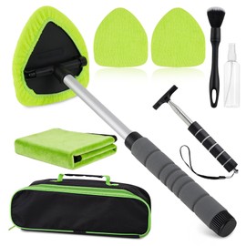 NexaBrush 7PCS Windshield Cleaner Tool, Car Windshield Cleaner Tool+Side Mirror Squeegee +3 Microfiber Pads+100ml Spray Bottle+1 Detailing Brush,12-19inches Extendable Handle,180° Rotation
