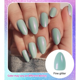 Morily Short Fake Press on Nails Almond with Glitter Designs, Blue - Green Acrylic Thick Stick on False Nail Reusable Glossy Full Cover Manicure for Women, 32 Pcs