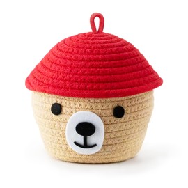 Hand Woven Cotton Rope Bear Basket - Home Storage, Decorative for Children's Bedroom and Living Room, Dedicated for Toys, Keys and Accessories, Red Lid, 17x15x17cm