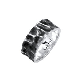 Kuzzoi 0602891921 Men's Ring in Hammered Design Band Ring Solid (10 mm) Wide in 925 Sterling Silver Forged Oxidised Ring for Men Biker Ring Size 54 - 66, Sterling Silver