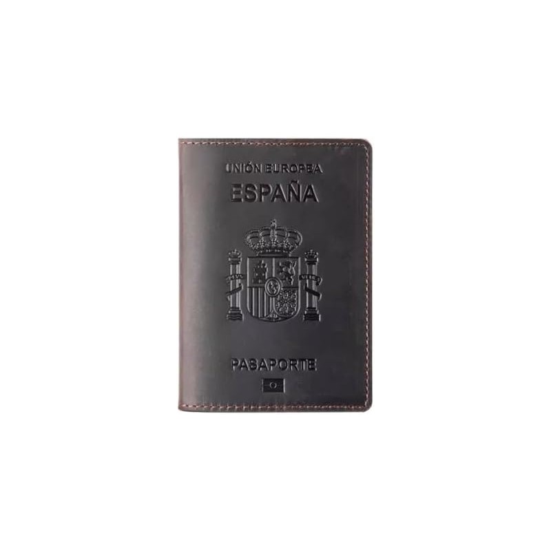 Porta pasaporte español, portadocumentos de piel vaca, tarjetero retro for