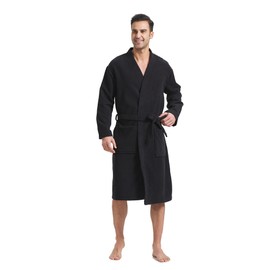 FashGudim Terry Cloth Robes for Men Big and Tall Short Mens Kimono Robe Super Absorbent Spa Bathrobe Calf Length With Pockets（Black,XXXL）