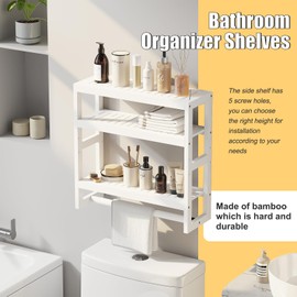 Furshus Bathroom Organizer Shelves 3 Tiers Floating Shelf with Hanging Bar Over The Toilet Storage Bathroom Wall Shelf-Adjustable Wall Bathroom Organizer (White)