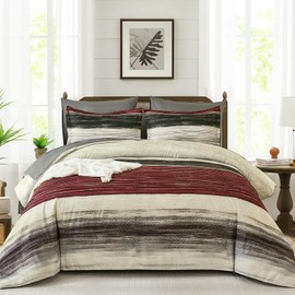 WONGS BEDDING Red Queen Size Comforter Set, 7 Pieces Striped Bed in a Bag Comforter and Sheet Set, Boho Lightweight Microfiber Queen Bedding Set for All Season (90" x 90")