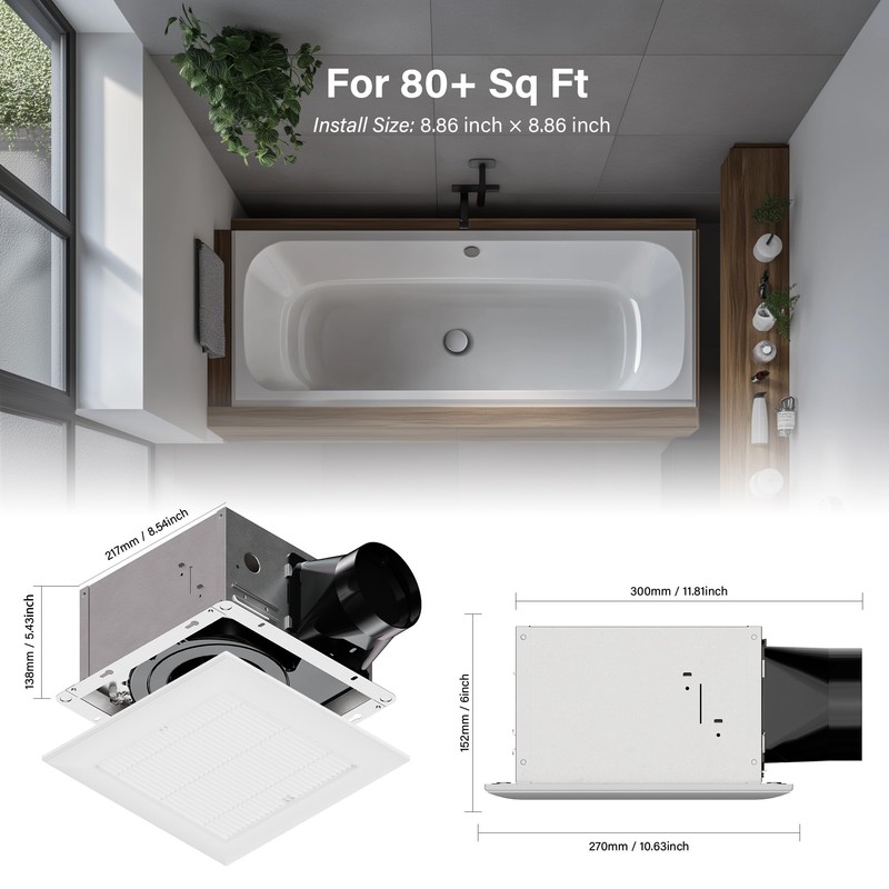 JULLISON 80CFM Bathroom Exhaust Fan with Grille: 20W Ceiling Mount