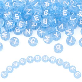 PandaHall 370pcs Clear Acrylic Alphabet Beads 7mm Flat Round Coin A-Z Letter Beads Cornflower Blue Smooth Spacer Loose Beads for Bracelet Random Mixed Letters