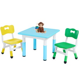 FUNLIO Kids Table and 2 Chairs Set, Height Adjustable Toddler Table and Chair Set for Ages 3-8, Easy to Wipe Arts & Crafts Table, for Classrooms/Daycares/Homes, CPC & CE Approved, Multi-Color