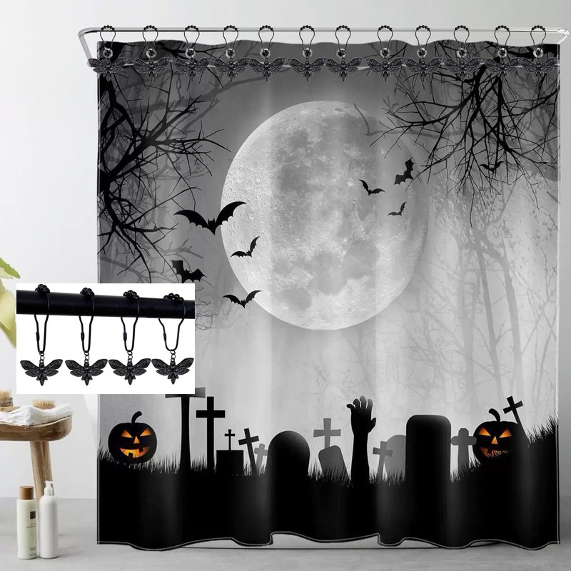 Moth Shower Curtain Hooks,12 Pcs Black Death Moth Skull Shower