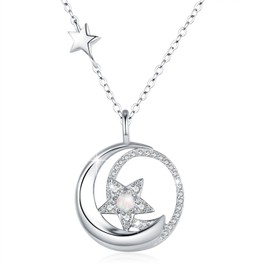 MOPOPOK 925 Sterling Silver Moon and Star Necklace for Women Opal Pendant Cubic Zirconia Moon Jewelry Birthday Christmas Gifts for Women