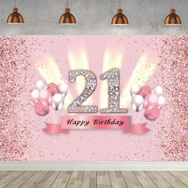 Happy 21st Birthday Decorations for Women - Backdrop Banner Party Deco, Anniversary Fabric Sign Poster, Pink Photo Background, Party Supplies, 59"x35.4"