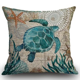 Smooffly Throw Pillow Case Vintage Nautical Sea Turtles Starfish Old Map Cushion Cover 18x18 inch Linen Square Throw Pillow Cover for Living Room Sofa Couch Bed Pillowcase 45cm x 45cm