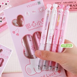 MOZXIRZ 4 Pcs Cute Retractable Pens Pink Heart Soft Grip Gel Pens Black Ink Pens 0.5mm Fine Point Smooth Writing Pens Office School Supplies Women Girls Boys Men (Pink)