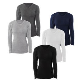 Sexy Basics Women's Cotton Stretch Long Sleeve V- Neck Athletic Tops | Casual & Active Color T Shirts | Multi Packs