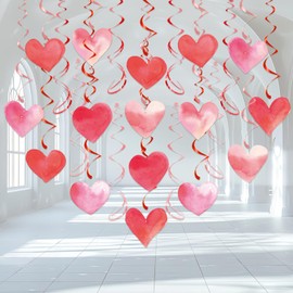 Red Pink Heart Hanging Swirl Decorations, Foil Ceiling Hanging Whirls for Valentines Day Decorations Galentines Birthday Engagement Wedding Party Supplies 24 Pcs